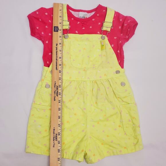Y2k Vintage Circo 3T Playful Pink Floral 2pc Shortalls Overalls Girls Outfit Set - Picture 2 of 8